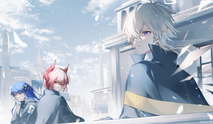 1boy 2girls animal_ears architecture arknights bird_ears black_jacket blue_hair blue_sky building cathedral day demon_horns enforcer_(arknights) fiammetta_(arknights) gloves grey_hair hair_over_one_eye halo head_rest horns jacket long_hair looking_at_viewer looking_back mostima_(arknights) multiple_girls outdoors parted_lips purple_eyes red_eyes red_hair short_hair sky umeno_shii white_gloves