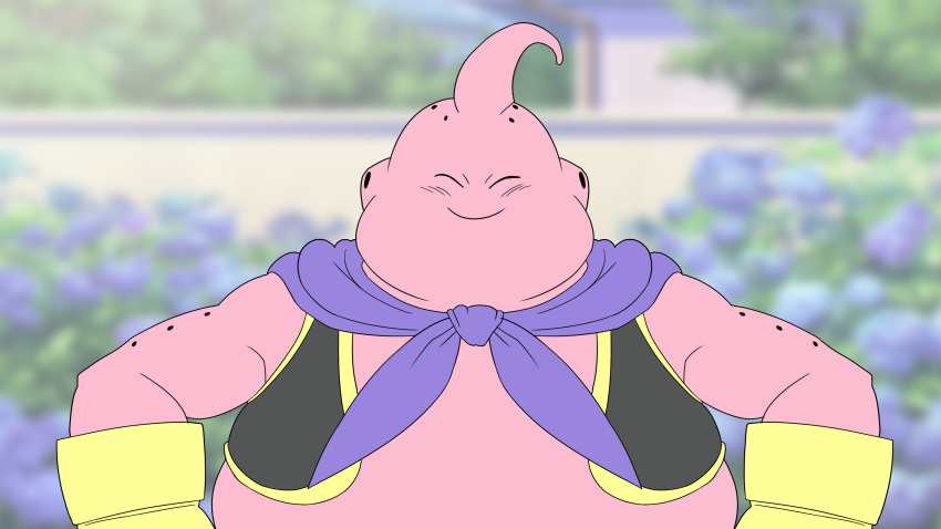 absurd_res antennae_(anatomy) black_clothing black_topwear cape clothed clothing dragon_ball drunk_oak eyes_closed gloves handwear hi_res humanoid majin majin_buu not_furry overweight overweight_humanoid pink_body smile solo topwear yellow_clothing yellow_gloves yellow_handwear yellow_topwear