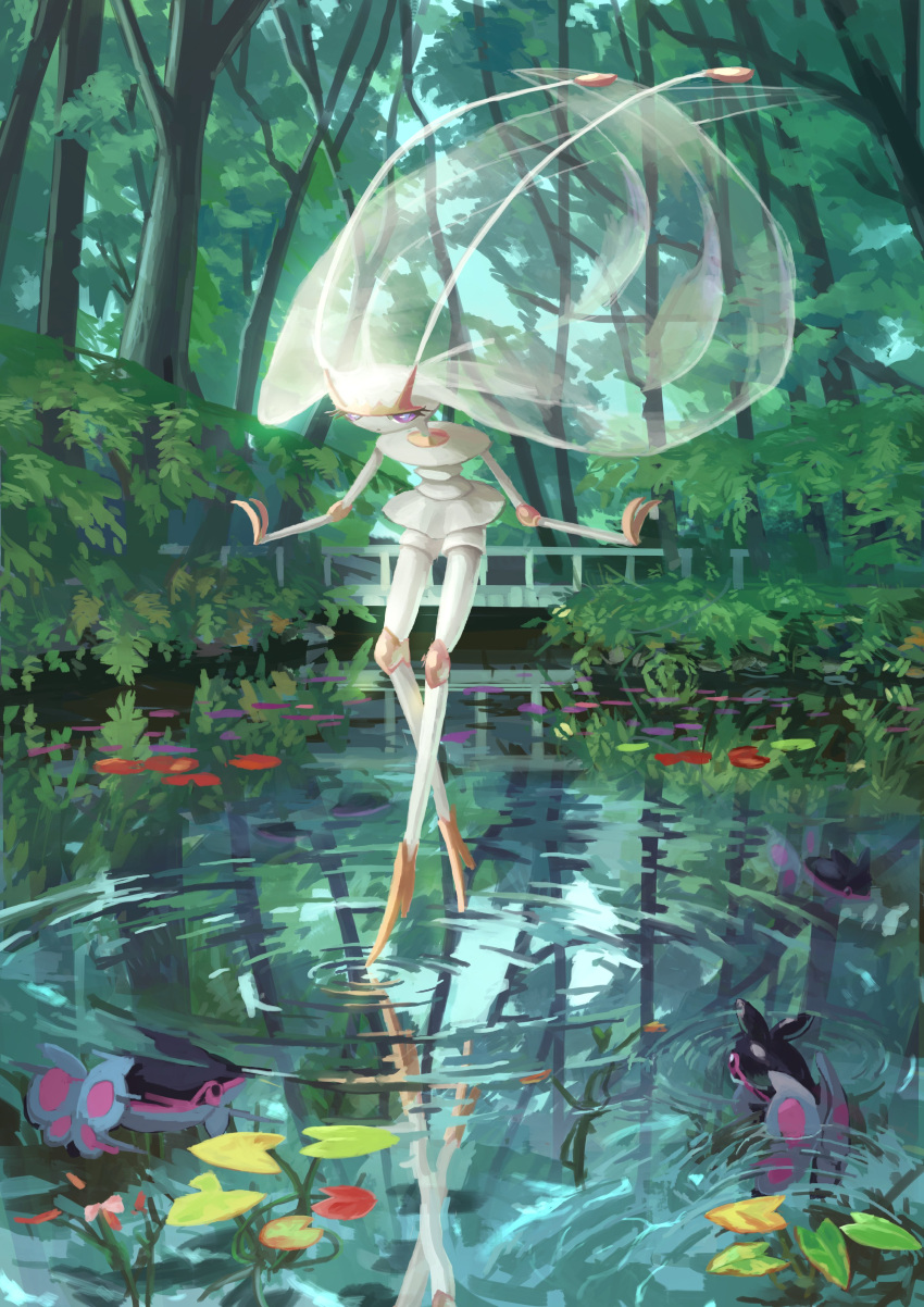 absurdres bridge commentary day eyelashes finneon fish highres king_joe_(neoroto) leaf no_humans outdoors pheromosa pokemon pokemon_(creature) purple_eyes reflection ripples standing walking walking_on_liquid water