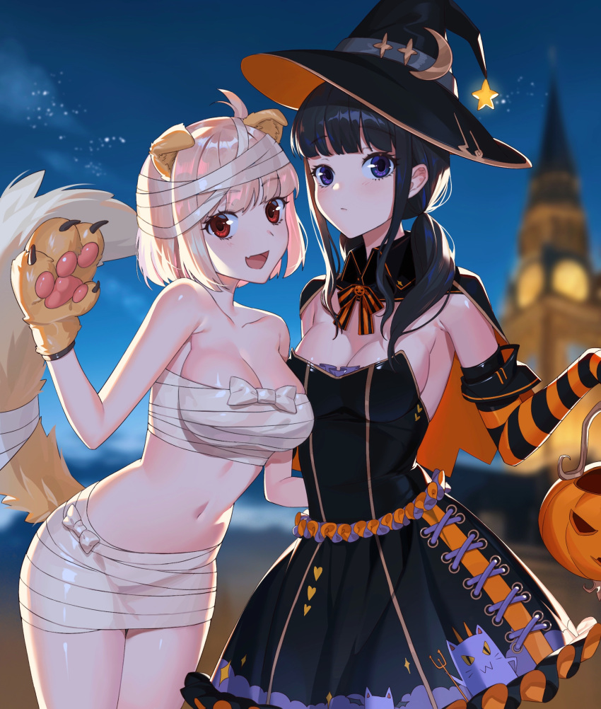 2girls :d absurdres alternate_costume animal_ears animal_hands bandaged_head bandaged_tail bandages bare_shoulders black_dress black_hair blonde_hair breasts capelet chest_sarashi closed_mouth collarbone dog_ears dog_girl dog_paws dog_tail dress fang halloween halloween_bucket halloween_costume hand_up hat highres inoue_takina jack-o'-lantern large_breasts long_hair looking_at_viewer low_twintails lycoris_recoil medium_breasts multiple_girls mummy_costume night night_sky nishikigi_chisato open_mouth purple_eyes qingtiana red_eyes sarashi short_hair sky smile tail twintails witch witch_hat