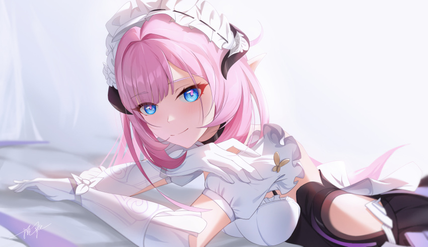 1girl bangs blue_eyes closed_eyes dress elf elysia_(honkai_impact) elysia_(miss_pink_elf)_(honkai_impact) frilled_dress frills gloves highres honkai_(series) honkai_impact_3rd long_hair looking_at_viewer lying maid maid_headdress on_stomach ooo_wange pink_hair pointy_ears ponytail signature solo white_gloves