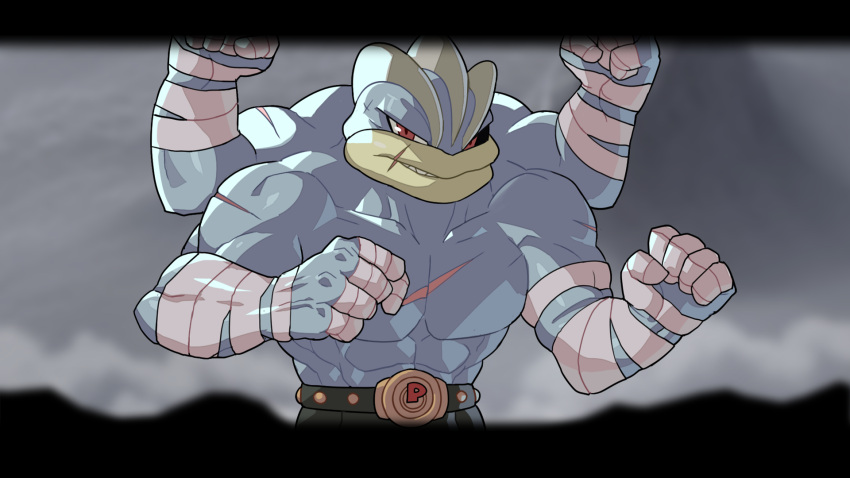16:9 2022 4_arms 5_fingers abs arm_wraps biceps black_sclera blurred_background chest_scar clothed clothing drunk_oak finger_wraps fingers generation_1_pokemon hi_res humanoid looking_at_viewer machamp multi_arm multi_limb muscular nintendo pecs pokemon pokemon_(species) red_eyes scar solo teeth topless video_games widescreen wraps wrist_wraps