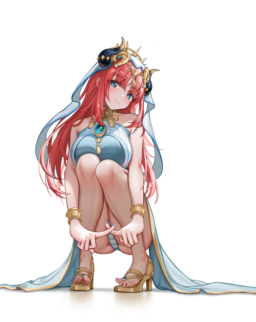 1girl absurdres aqua_eyes bangs bare_arms bare_shoulders blue_nails bracer breasts brooch circlet closed_mouth full_body genshin_impact gold_footwear harem_outfit head_tilt heart heart-shaped_pupils high_heels highres horns jewelry large_breasts long_hair looking_at_viewer nail_polish neck_ring nilou_(genshin_impact) no_detached_sleeves panties parted_bangs red_hair sandals simple_background skirt sleeveless smile squatting striped striped_panties symbol-shaped_pupils thighs toes ttkaki twintails underwear veil white_background
