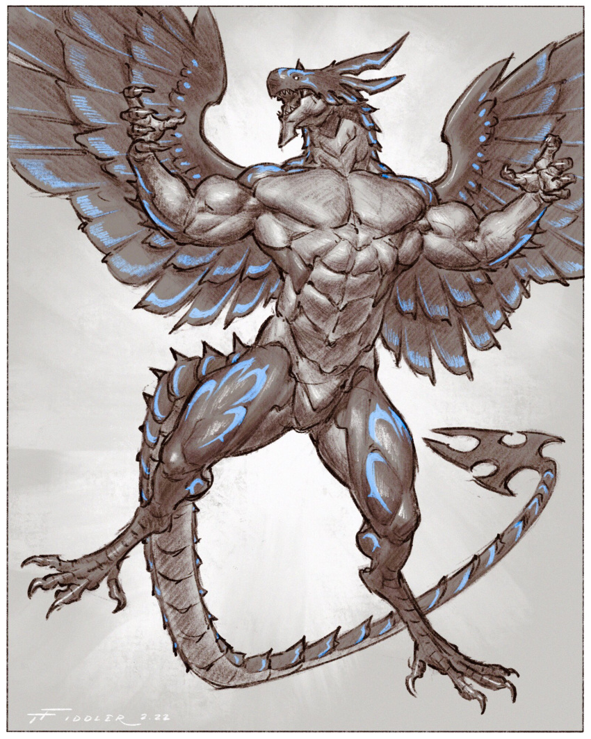 1:1 2022 4_toes 5_fingers abs acnologia_(fairy_tail) anthro artist_name biceps biped black_body black_scales blue_body bottomwear clothing digital_media_(artwork) digitigrade dragon fairy_tail feathers feet fingers greyscale hi_res male monochrome multicolored_body multicolored_scales muscular muscular_anthro muscular_male nude pecs scales simple_background solo taran_fiddler toes two_tone_body two_tone_scales were weredragon white_body white_scales wings