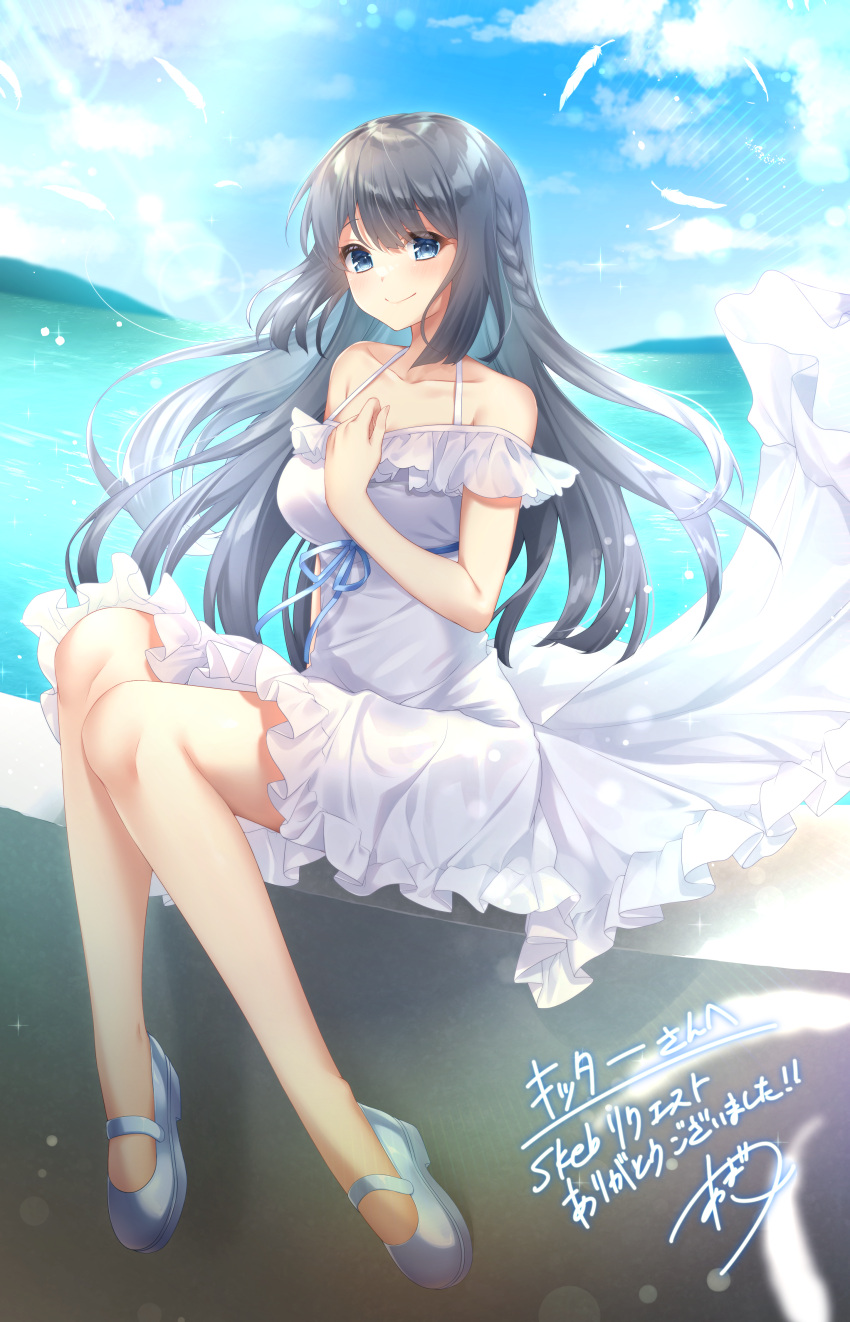 1girl absurdres amatsuji bare_legs blue_eyes blue_ribbon blush braid breasts collarbone commission day dress feathers full_body grey_footwear grey_hair halterneck hand_up highres lens_flare long_hair makinohara_shouko medium_breasts outdoors rei_no_himo ribbon seishun_buta_yarou sitting skeb_commission smile sundress water