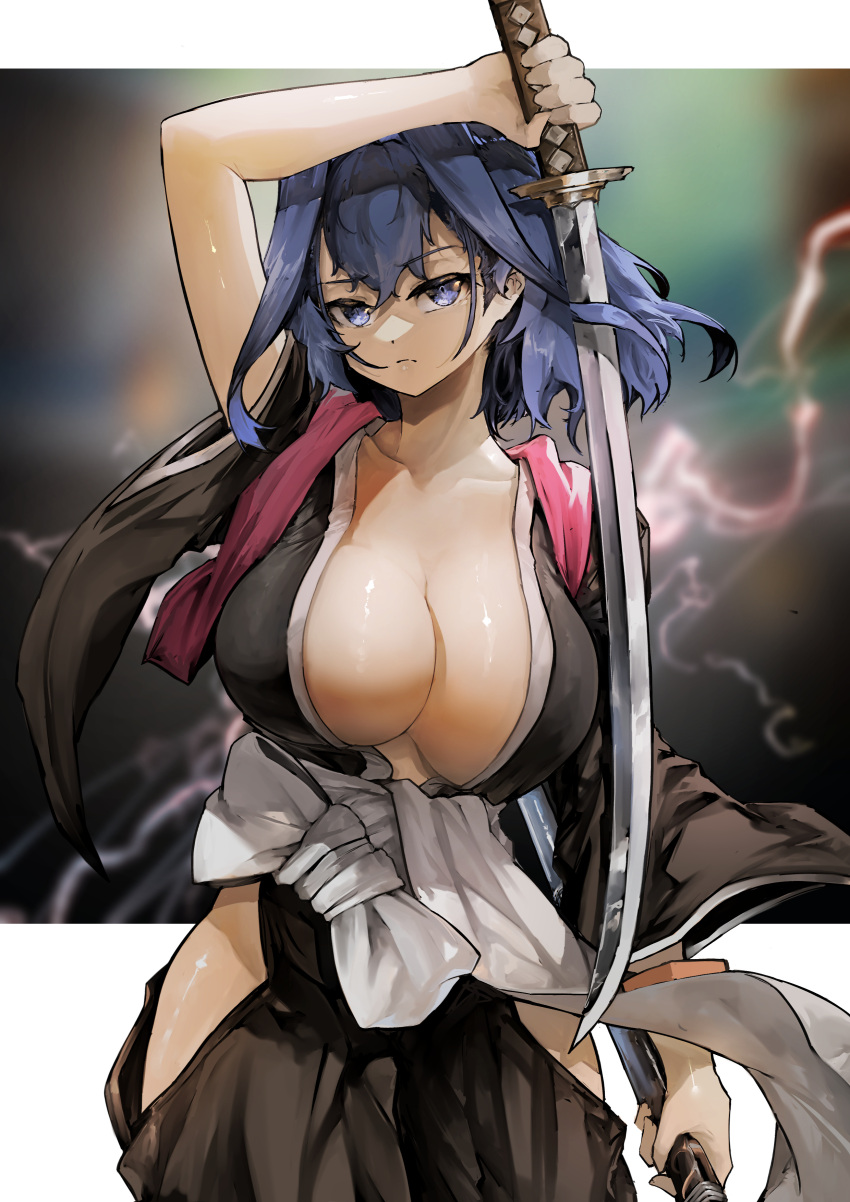 1girl absurdres arm_up bangs black_kimono bleach breasts closed_mouth collarbone commentary cosplay cowboy_shot dot_nose hair_between_eyes highres hip_vent holding holding_sheath holding_sword holding_weapon hololive hololive_english japanese_clothes katana kimono long_sleeves looking_at_viewer matsumoto_rangiku matsumoto_rangiku_(cosplay) no_bra open_clothes open_kimono ouro_kronii sheath solo sword thighs virtual_youtuber vyragami weapon wide_sleeves