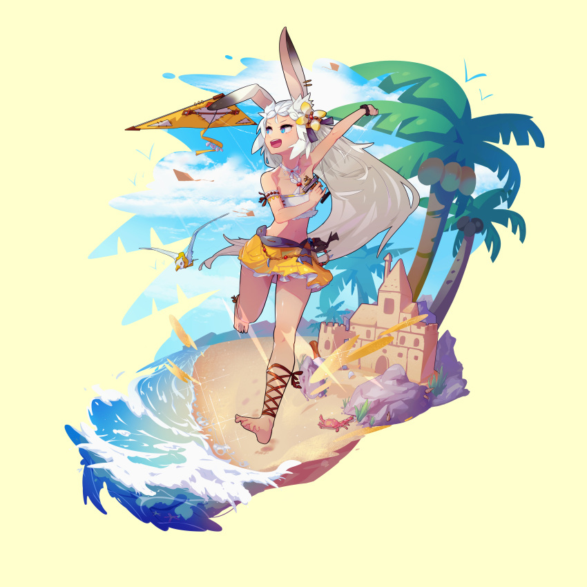 1girl absurdres animal_ears bare_shoulders barefoot beach bird blue_eyes blue_sky bracelet cloud crab dragalia_lost full_body highres jewelry kite kite_flying kuonn long_hair ocean official_style palm_tree rabbit_ears running sand sand_castle sand_sculpture sarisse_(dragalia_lost) sky swimsuit tree water white_hair