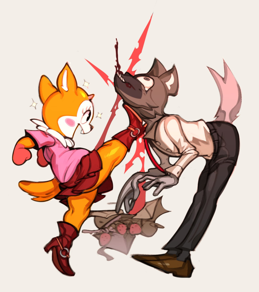 aggressive_retsuko antelope anthro blood blush blush_stickers bodily_fluids bottomwear bovid brown_body brown_fur buckteeth clothing duo female food footwear fruit fur haida hi_res high_heels hurt_expression hyaenid kick male male/female mammal mangneto orange_body orange_fur pants plant sanrio shirt skirt smile spotted_hyena strawberry teeth topwear tsunoda