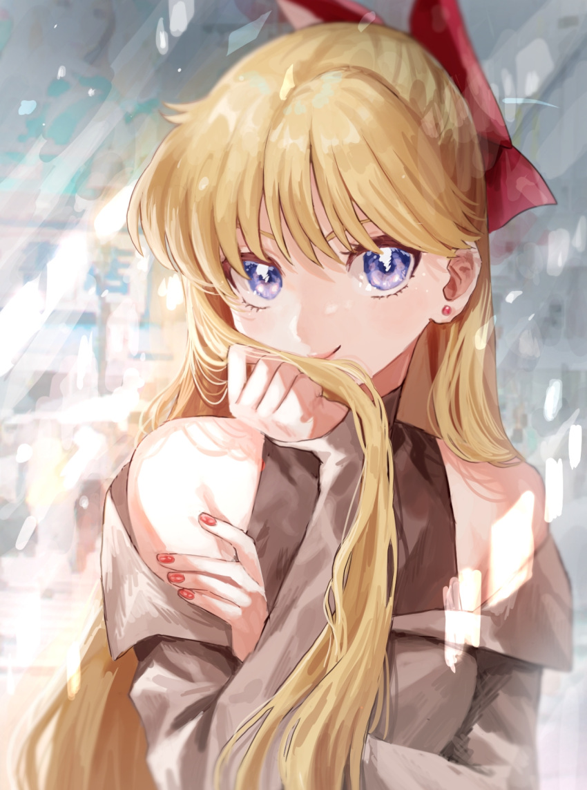 bishoujo_senshi_sailor_moon blonde_hair blue_eyes brown_shirt earrings hand_in_own_hair hand_on_own_chin hand_on_own_face highres jewelry long_hair loveodoro nail_polish red_nails red_ribbon ribbon sailor_moon shirt sleeveless sleeveless_shirt stud_earrings tsukino_usagi