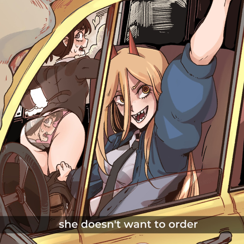 2girls arm_up ass car chainsaw_man ground_vehicle he_wants_to_order_(meme) higashiyama_kobeni highres kreadorsito meme motor_vehicle multiple_girls necktie panties power_(chainsaw_man) sharp_teeth sweat sweatdrop teeth thighs underwear