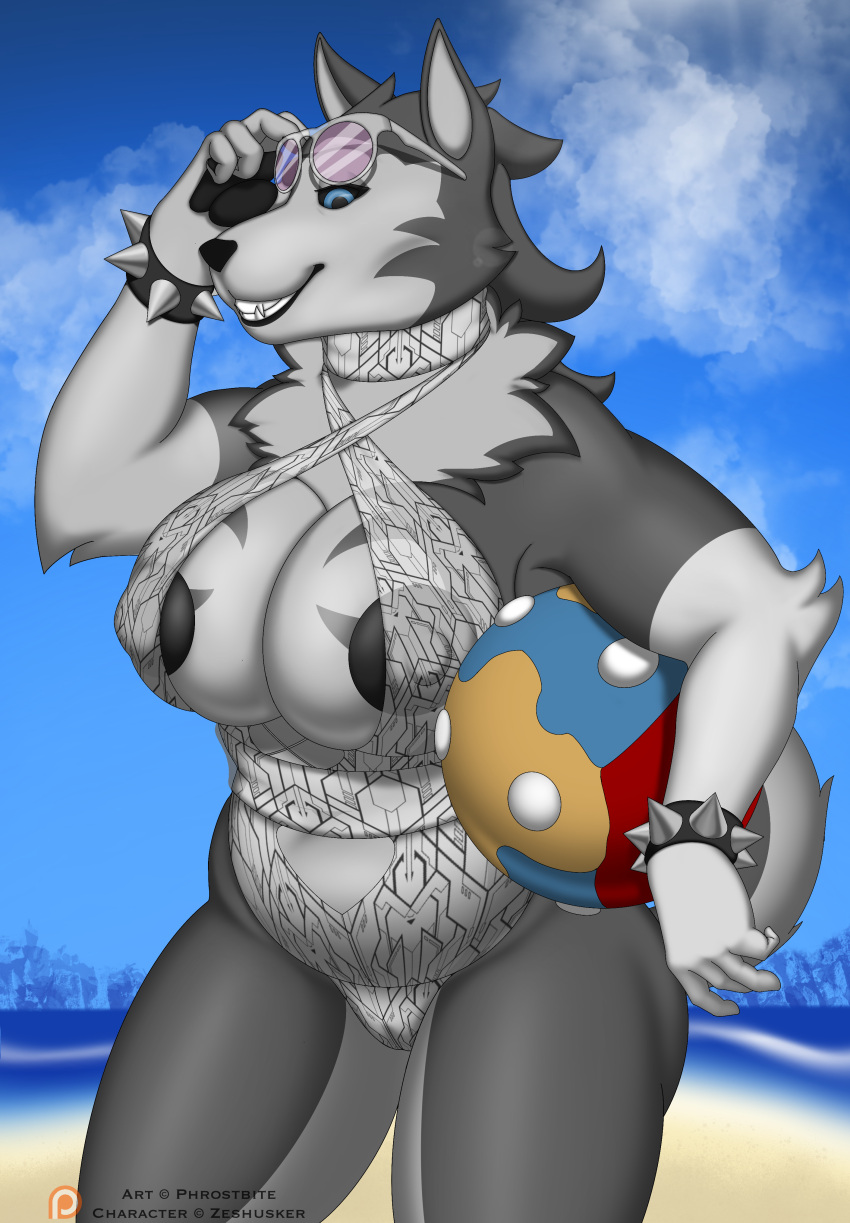 2022 absurd_res anthro areola areola_slip ball beach beach_ball big_areola big_breasts bikini black_nose black_sclera blue_eyes breast_squish breasts butt_from_the_front camel_toe canid canine canis clothing cloud countershade_face countershade_legs countershade_neck countershade_torso countershading crossgender curled_tail domestic_dog eyewear female glare_(lighting) hair hi_res holding_object horizon huge_areola huge_breasts husky inflatable long_hair mammal mane mature_anthro mature_female mountain nordic_sled_dog patreon patreon_logo phrostbite pink_eyewear pink_sunglasses sand seaside sky slightly_chubby smile smiling_at_viewer solo spitz squish studded_bracelet summer sunglasses sunny swimwear thick_thighs translucent translucent_clothing video_games warframe watermark white_bikini white_clothing white_inner_ear white_swimwear wide_hips zesh