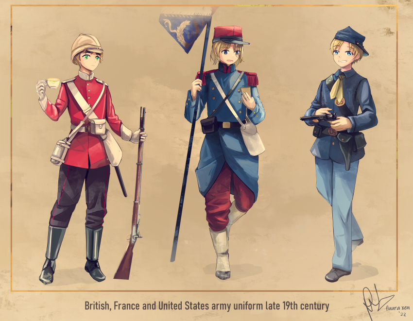 1853_enfield 3boys absurdres america_(hetalia) american_civil_war ammunition_pouch axis_powers_hetalia backwards_hat belt blonde_hair boots canteen colt_1860_army cup english_text epaulettes france_(hetalia) fuura gaiters green_eyes grin gun hat helmet highres holding holding_cup holster kepi light_brown_hair looking_to_the_side male_focus medium_hair military military_hat military_uniform multiple_boys musket open_mouth pouch purple_eyes revolver short_hair signature smile soldier teacup uniform united_kingdom_(hetalia) weapon