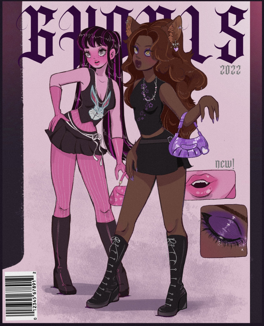 2girls animal_ears black_shirt black_skirt boots brown_hair clawdeen_wolf crop_top curly_hair dark-skinned_female dark_skin draculaura eyeshadow geoduckyart gloves grey_eyes heart heart_tattoo highres makeup monster_high multicolored_hair multiple_girls pink_gloves purple_eyeshadow purple_nails redesign shirt skirt tattoo twintails vampire werewolf yellow_eyes