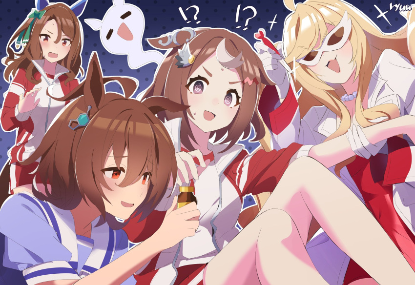 !? 4girls :3 =_= @_@ agnes_tachyon_(umamusume) ahoge animal_ears anshinzawa_sasami blonde_hair blush bottle bow bowtie brown_hair chemical_structure coat dress ear_covers earrings empty_eyes ghost giving_up_the_ghost gloves green_bow hair_bow hair_ornament highres holding holding_bottle holding_needle horse_ears horse_girl jacket jewelry king_halo_(umamusume) long_hair looking_at_another multicolored_hair multiple_girls needle open_clothes open_jacket puffy_short_sleeves puffy_sleeves purple_bow purple_bowtie purple_eyes purple_serafuku purple_shirt red_dress red_eyes ryuu_(ryuraconis) sailor_collar sailor_shirt school_uniform serafuku shirt short_hair short_sleeves signature single_earring streaked_hair sunglasses tracen_school_uniform tracen_training_uniform track_jacket tsurumaru_tsuyoshi_(umamusume) two-tone_hair umamusume umayuru white_coat white_gloves white_hair