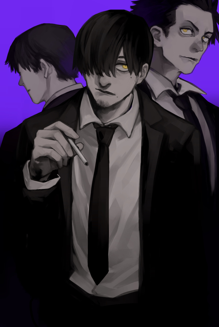 3boys aldo_(chainsaw_man) bangs beard black_hair black_jacket black_necktie chainsaw_man cigarette collared_shirt facial_hair facing_back formal hair_over_one_eye highres holding holding_cigarette jacket joey_(chainsaw_man) looking_afar looking_back looking_to_the_side medium_hair mole mole_under_eye multiple_boys nakano_(2_mannaka) necktie purple_background shirt short_hair simple_background spiked_hair suit unnamed_eldest_brother_(chainsaw_man) white_shirt yellow_eyes