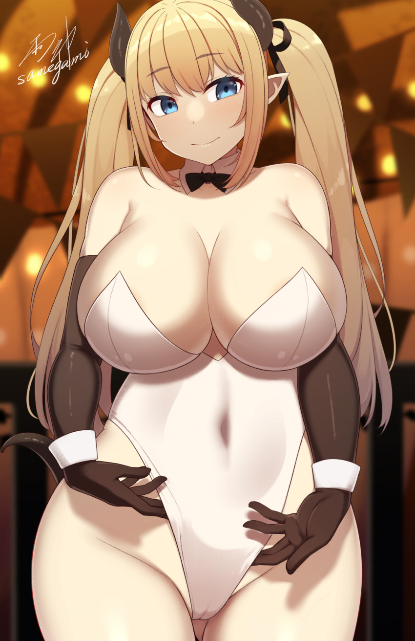 1girl bangs bare_shoulders black_gloves blonde_hair blue_eyes blush breasts cleavage covered_navel detached_collar elbow_gloves gloves highleg highleg_leotard highres horns large_breasts leotard long_hair looking_at_viewer original pointy_ears samegami smile solo thighs twintails white_leotard