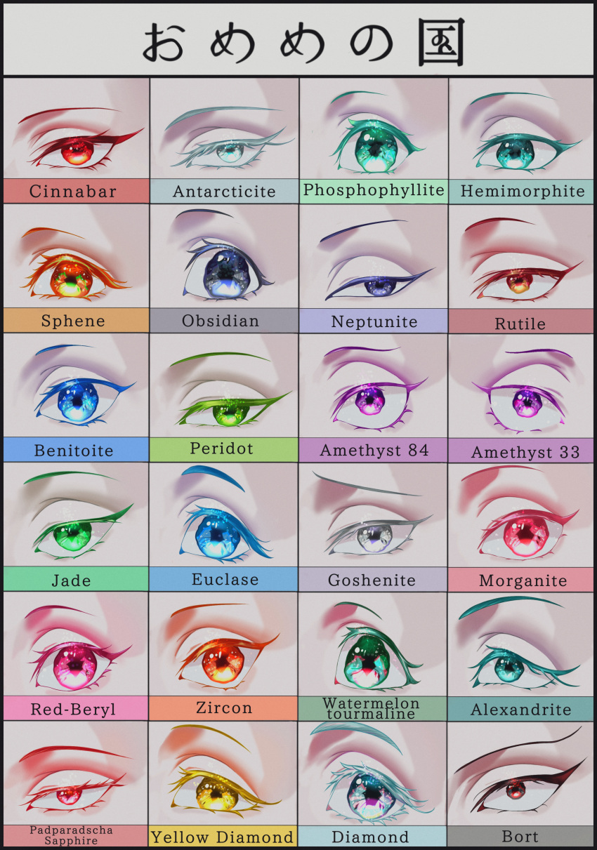 6+others absurdres alexandrite_(houseki_no_kuni) amethyst_(houseki_no_kuni) antarcticite aqua_eyes benitoite_(houseki_no_kuni) blue_eyes bort character_name chart cinnabar_(houseki_no_kuni) colored_eyelashes diamond_(houseki_no_kuni) euclase_(houseki_no_kuni) eye_focus eyelashes goshenite_(houseki_no_kuni) green_eyes grey_eyes hemimorphite_(houseki_no_kuni) higashi_mendako highres houseki_no_kuni jade_(houseki_no_kuni) looking_at_viewer morganite_(houseki_no_kuni) multicolored_eyes multiple_others neptunite_(houseki_no_kuni) obsidian_(houseki_no_kuni) orange_eyes other_focus out_of_frame padparadscha_(houseki_no_kuni) phosphophyllite pink_eyes purple_eyes red_beryl_(houseki_no_kuni) red_eyes rutile_(houseki_no_kuni) sanpaku sparkling_eyes sphene_(houseki_no_kuni) watermelon_tourmaline_(houseki_no_kuni) yellow_diamond_(houseki_no_kuni) yellow_eyes zircon_(houseki_no_kuni)