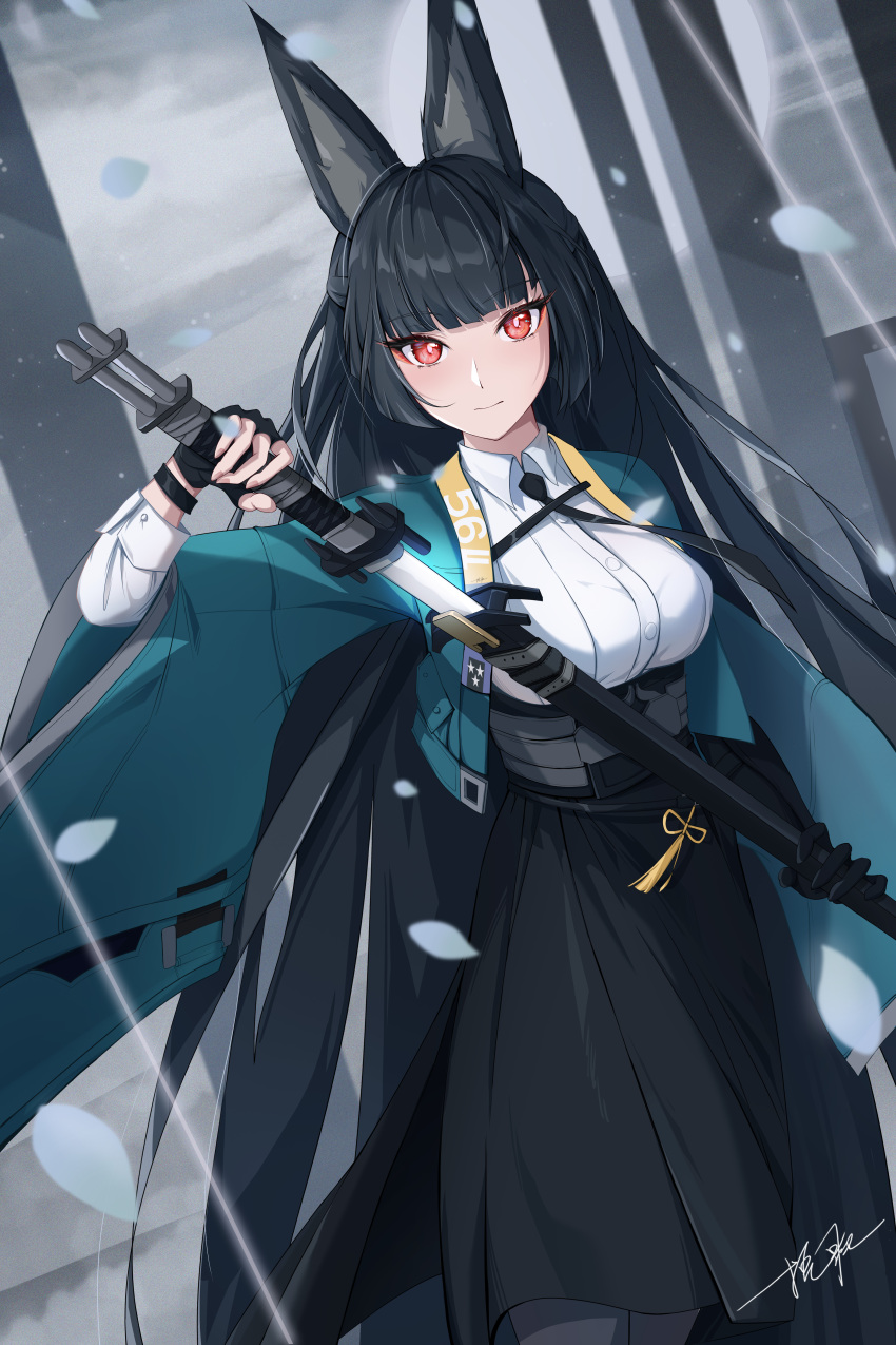 1girl absurdres animal_ears bangs black_gloves black_hair black_necktie breasts closed_mouth collared_shirt fingerless_gloves fox_ears fox_girl gloves green_jacket grey_sky highres holding holding_sheath holding_sword holding_weapon jacket katana long_hair long_sleeves looking_at_viewer miyabi_(zenless_zone_zero) necktie ooo_wange red_eyes sheath shirt signature smile snowing solo sword unsheathing weapon white_shirt zenless_zone_zero