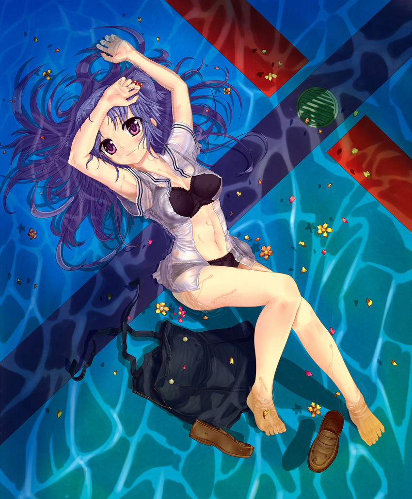 absurdres armpits arms_up bad_id bad_pixiv_id barefoot black_bra black_panties bra caustics clannad drain_(object) dutch_angle floating_hair flower hair_spread_out highres ichinose_kotomi lingerie loafers long_hair lying navel on_back onsen_nakaya panties partially_submerged pool purple_eyes purple_hair school_uniform see-through shallow_water shoes shoes_removed solo underwear water wet wet_clothes