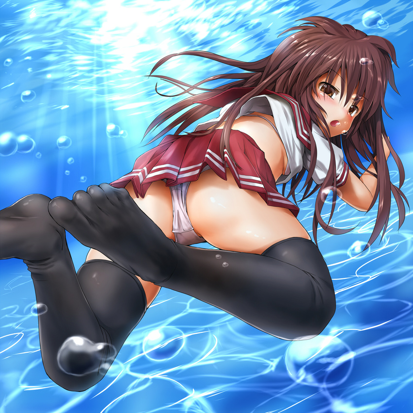 ass bad_id bad_pixiv_id black_legwear blastbeat blush brown_eyes brown_hair bubble copyright_request feet freediving from_behind highres long_hair looking_back no_shoes open_mouth panties pantyshot pleated_skirt pool pov_feet skirt solo sunlight thighhighs underwater underwear white_panties