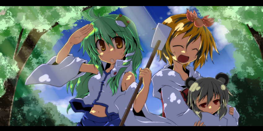 :d ^_^ animal_ears blonde_hair closed_eyes dappled_sunlight day detached_sleeves frog gohei green_hair grey_hair hair_ornament highres hug hug_from_behind jitome kochiya_sanae letterboxed long_hair mouse_ears multiple_girls nazrin open_mouth red_eyes shade shading_eyes short_hair smile snake sunlight toramaru_shou touhou yellow_eyes yuuhi_alpha