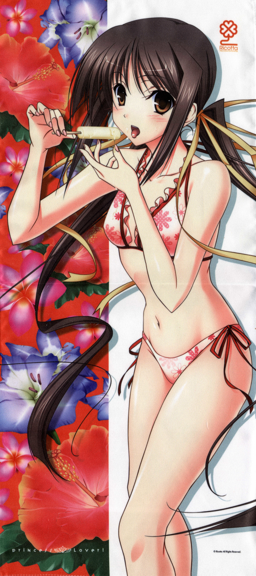 absurdres bangs bikini black_hair blush breasts brown_eyes copyright_name crease eating fingernails floral_background floral_print flower food food_on_face frilled_bikini frills from_side groin hair_ribbon hibiscus highres holding houjouin_seika ice_cream komori_kei long_fingernails long_hair long_image looking_at_viewer looking_back low_twintails nail_polish navel official_art open_mouth pink_nails popsicle princess_lover print_bikini ribbon scan scan_artifacts sexually_suggestive side-tie_bikini sidelocks small_breasts solo standing swimsuit tall_image tongue tongue_out twintails very_long_hair