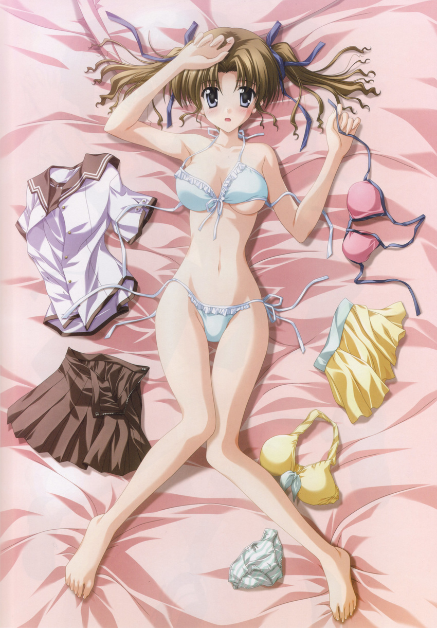 :o absurdres arms_up barefoot bed bed_sheet bikini blue_eyes blush breasts brown_hair clothes_removed ef frilled_bikini frills front-tie_top hair_ribbon hand_on_head hayama_mizuki highres legs lying medium_breasts nanao_naru navel official_art on_back open_mouth panties panties_removed ribbon short_hair side-tie_bikini skirt skirt_removed solo string_bikini striped striped_panties swimsuit thigh_gap toes twintails underboob underwear undressing untied untied_bikini wardrobe_malfunction white_bikini