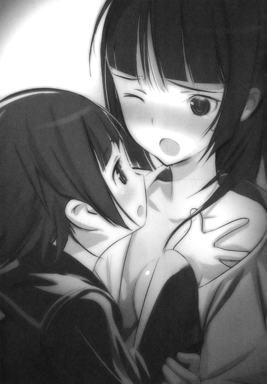 anabuki_tomoko blush convenient_arm greyscale highres monochrome multiple_girls official_art one_eye_closed open_mouth sakomizu_haruka ueda_hashigo world_witches_series yuri