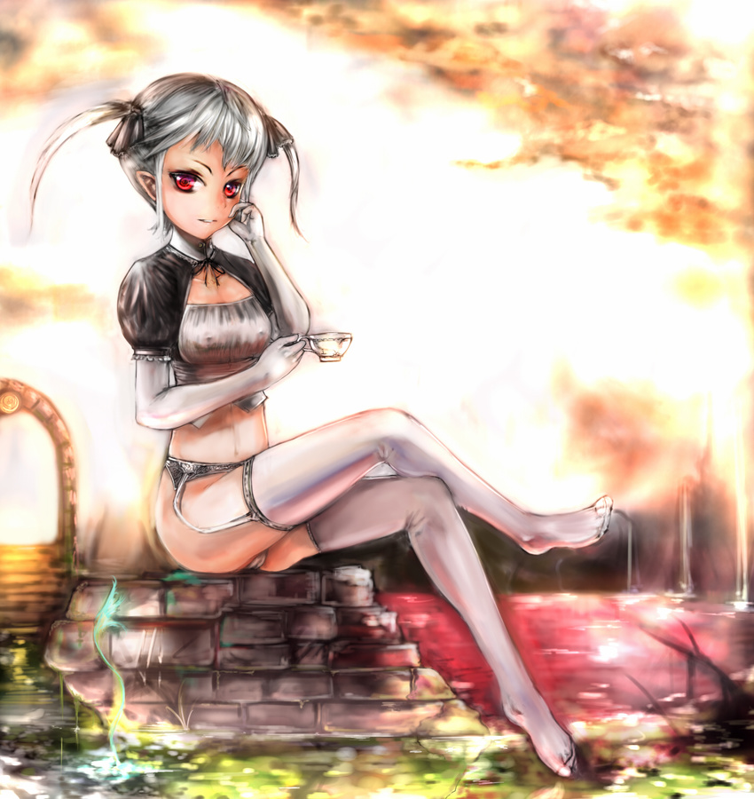 breasts covered_nipples crossed_legs cup elbow_gloves garter_belt girlsay gloves hair_ribbon highres legs medium_breasts no_pants original panties red_eyes ribbon short_hair silver_hair sitting solo teacup thighhighs twintails underwear