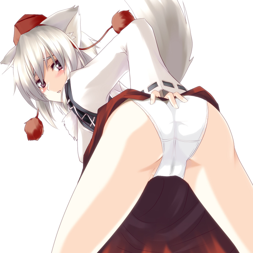 animal_ears ass bent_over blush embarrassed from_behind hat inubashiri_momiji looking_back panties purple_eyes silve silver_hair skirt skirt_lift solo tail tokin_hat touhou underwear wet wet_clothes wet_panties white_panties wolf_ears wolf_tail