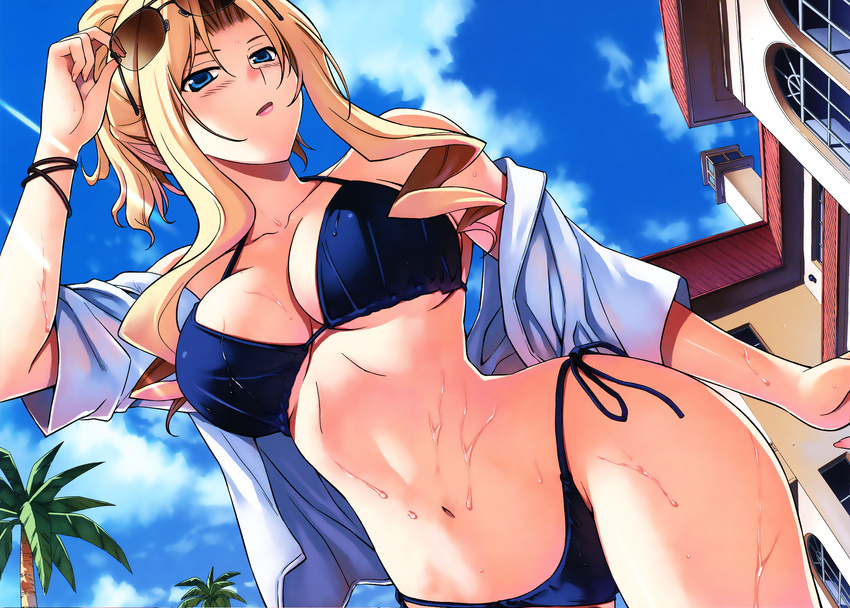 bikini blonde_hair day elizabeth_mayberry freezing highres house kim_kwang_hyun palm_tree solo summer sunglasses swimsuit tree