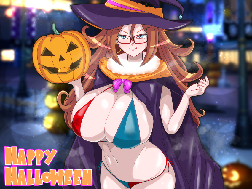 1girl :q absurdres android android_21 bikini black-framed_eyewear blue_eyes breasts brown_hair cape covered_nipples curly_hair dragon_ball dragon_ball_(object) dragon_ball_fighterz earrings glasses halloween hat highres hoop_earrings hudo_shin jack-o'-lantern jewelry large_breasts long_hair pumpkin see-through solo standing swimsuit tongue tongue_out witch_hat