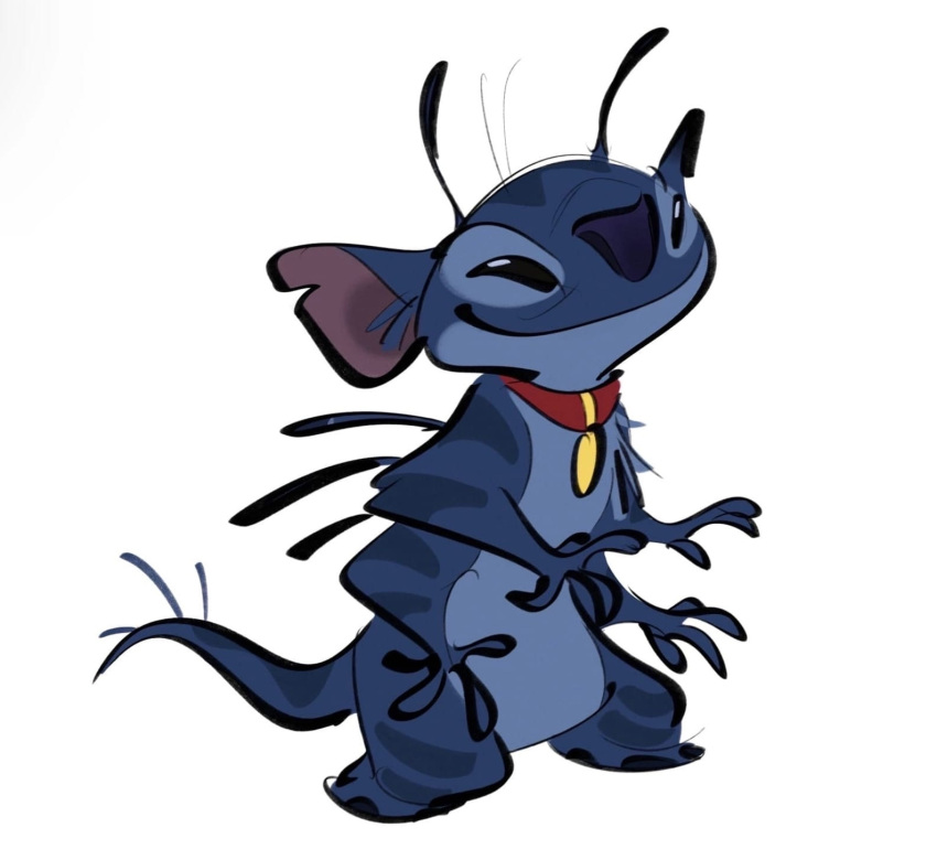 2022 4_arms 4_fingers alien alternate_form antennae_(anatomy) arm_markings back_spines black_eyes blue_body blue_fur blue_nose chest_tuft collar collar_only disney experiment_(lilo_and_stitch) featureless_crotch fingers fur hi_res leg_markings lilo_and_stitch markings multi_arm multi_limb notched_ear nude simple_background smile solo standing stitch_(lilo_and_stitch) tuft velyash white_background