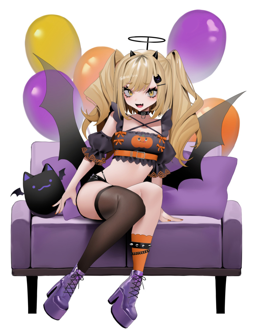 1girl :d balloon bangs bebe_(bebe_pp) black_horns black_shorts black_wings blonde_hair boots breasts cat_pillow couch demon_girl fake_halo fang frills hair_ornament hairclip high_heel_boots high_heels highres horns long_hair looking_at_viewer medium_breasts open_mouth orange_socks original pillow shiny shiny_hair shoes shorts simple_background single_thighhigh sitting smile socks solo thighhighs twintails white_background wings