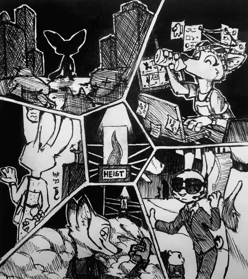 2022 absurd_res anthro arctic_fox canid canine clothed clothing computer disney drinking eyewear fennec finnick fox fully_clothed hi_res inktober inktober_2022 jack_savage judy_hopps lagomorph laptop leporid mammal monochrome nick_wilde rabbit red_fox signature skye_(zootopia) smile suit sunglasses theblueberrycarrots traditional_media_(artwork) water_bottle zootopia