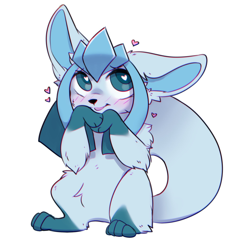 &lt;3 &lt;3_pupils 1:1 ambiguous_gender big_ears bloominglynx blue_body blue_eyes blue_fur blush eeveelution front_view full-length_portrait fur generation_4_pokemon glaceon hi_res looking_up nintendo open_mouth open_smile pokemon pokemon_(species) portrait semi-anthro shoulder_tuft simple_background smile solo tuft unsigned video_games white_background