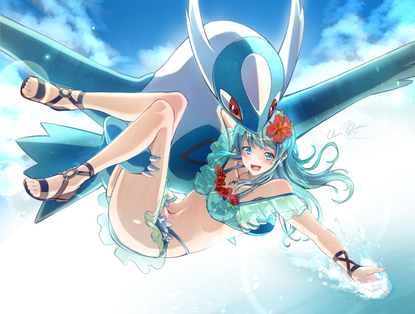 1boy 1girl above_clouds absurdres alternate_color bangs bikini blue_bikini blue_eyes blue_hair breasts carrying clear_glass_(mildmild1311) cloud crossover eirika_(fire_emblem) fire_emblem fire_emblem:_the_sacred_stones fire_emblem_heroes flower flying frilled_bikini frills hair_flower hair_ornament hibiscus highres latios layered_bikini leather_wrist_straps light_blue_hair long_hair looking_down navel o-ring open_mouth pokemon pokemon_(game) princess_carry red_eyes sandals sidelocks small_breasts smile swimsuit thighs watermark wrist_cuffs