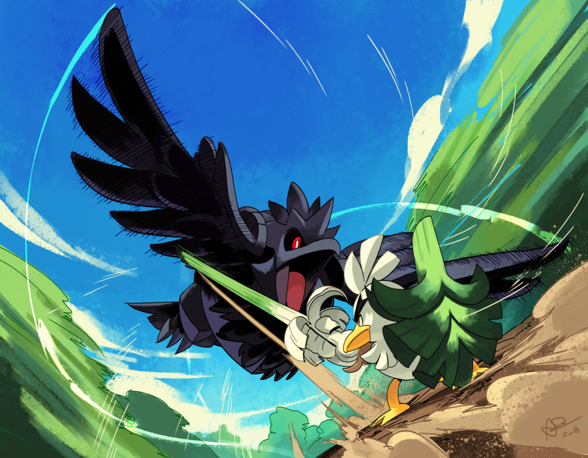 alex_ahad animal_focus battle beak bird blue_sky blurry blurry_background corviknight day feathers flying holding holding_shield holding_weapon looking_at_another no_humans open_mouth pokemon pokemon_(creature) red_eyes shield sirfetch'd sky speed_lines spring_onion standing sword talons thick_eyebrows weapon