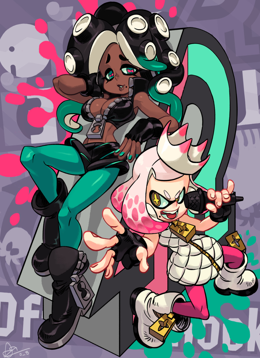 +_+ 2girls alex_ahad black_gloves black_hair black_shorts boots breasts brown_eyes cephalopod_eyes cleavage collared_vest crop_top crown dress fingerless_gloves full_body gloves green_eyes green_hair green_nails highres long_hair marina_(splatoon) medium_breasts microphone mole mole_under_mouth multiple_girls music nail_polish octarian pantyhose partially_unzipped pearl_(splatoon) pink_hair pink_pupils short_hair shorts singing splatoon_(series) splatoon_2 suction_cups tentacle_hair thick_eyebrows vest white_dress zipper_pull_tab