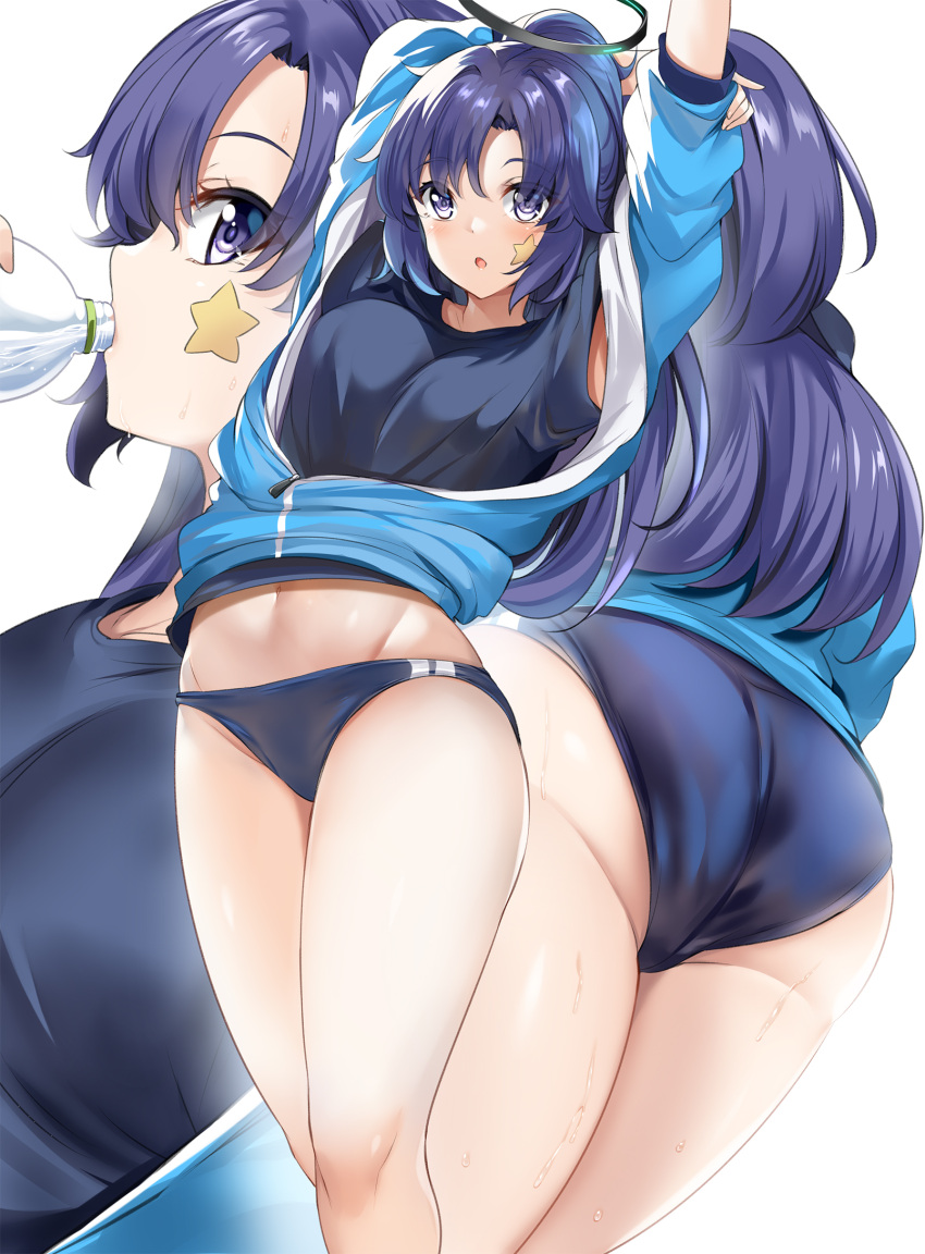 1girl :o arms_up ass bangs blue_archive blue_buruma blue_eyes blue_hair blue_jacket blue_shirt blush bottle breasts buruma commentary_request drinking gym_uniform halo highres hinata_sora jacket large_breasts long_hair long_sleeves looking_at_viewer multiple_views navel official_alternate_costume parted_lips partially_unzipped ponytail shirt sleeves_rolled_up star_sticker thighs water_bottle white_background yuuka_(blue_archive) yuuka_(gym_uniform)_(blue_archive)