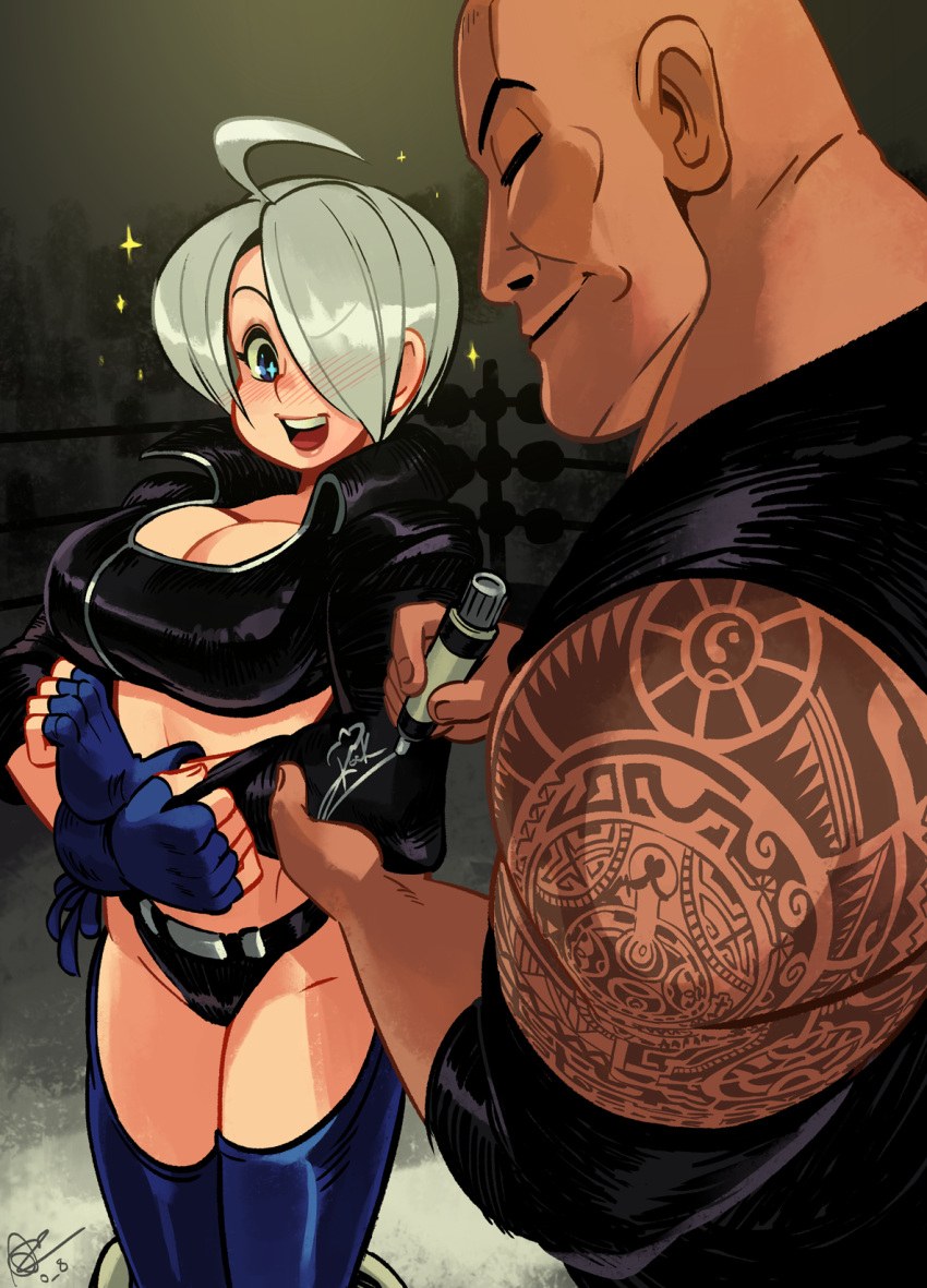 1boy 1girl alex_ahad angel_(kof) bald breasts chaps cropped_jacket crossover dark-skinned_male dark_skin fingerless_gloves gloves hair_over_one_eye highres large_breasts lips marker one_eye_covered real_life short_hair signature tattoo the_king_of_fighters the_king_of_fighters_all-stars the_rock_(dwayne_johnson) tribal_tattoo white_hair wwe