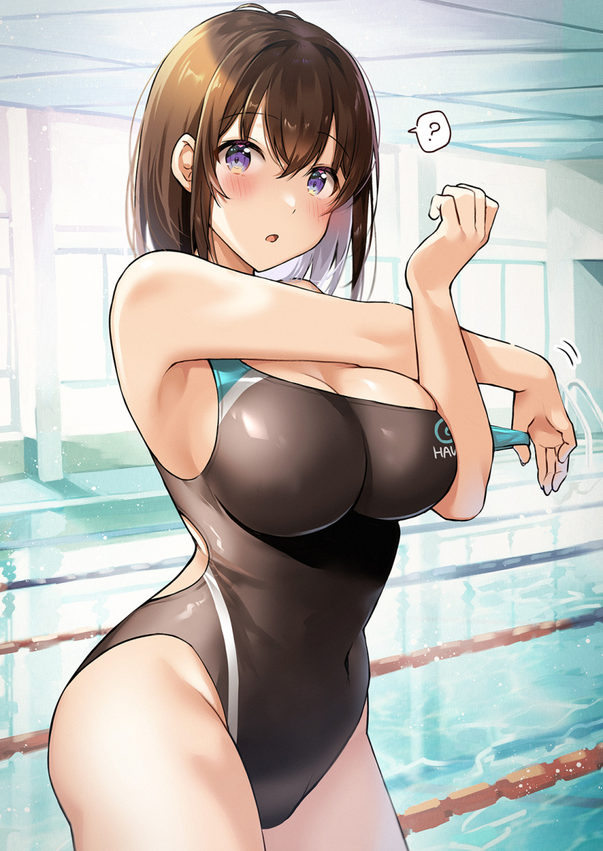 1girl ? black_one-piece_swimsuit blue_eyes blush breasts brown_hair competition_swimsuit exercise hawawa-chan_(shiro_kuma_shake) highres indoors lane_line large_breasts looking_at_viewer one-piece_swimsuit original pool reflection shiro_kuma_shake short_hair solo stretching sunlight swimsuit water window