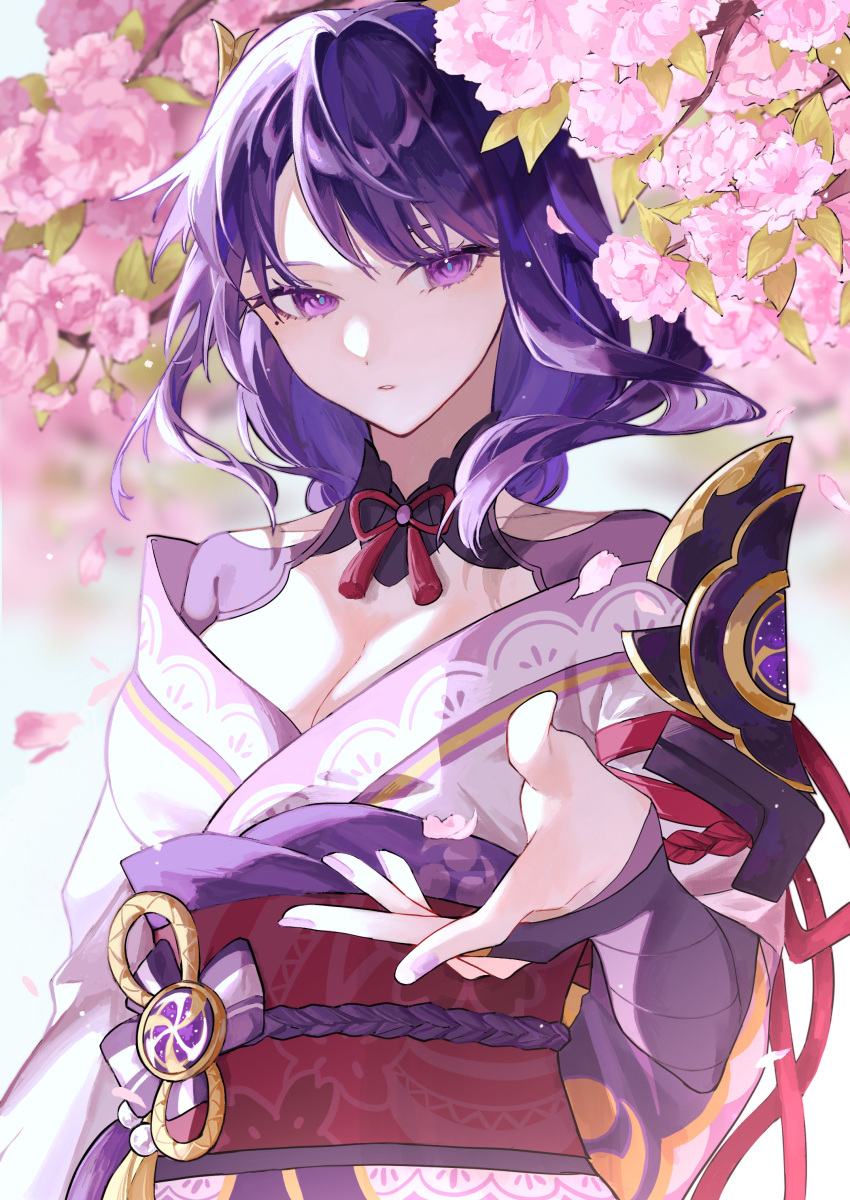 1girl absurdres armor bangs breasts bridal_gauntlets cleavage commentary_request falling_petals flower genshin_impact hand_up highres looking_at_viewer medium_hair mitsudomoe_(shape) nogi_(nokisaki) obi obijime parted_lips petals pink_flower purple_eyes purple_hair raiden_shogun sash shoulder_armor solo tassel tomoe_(symbol) upper_body