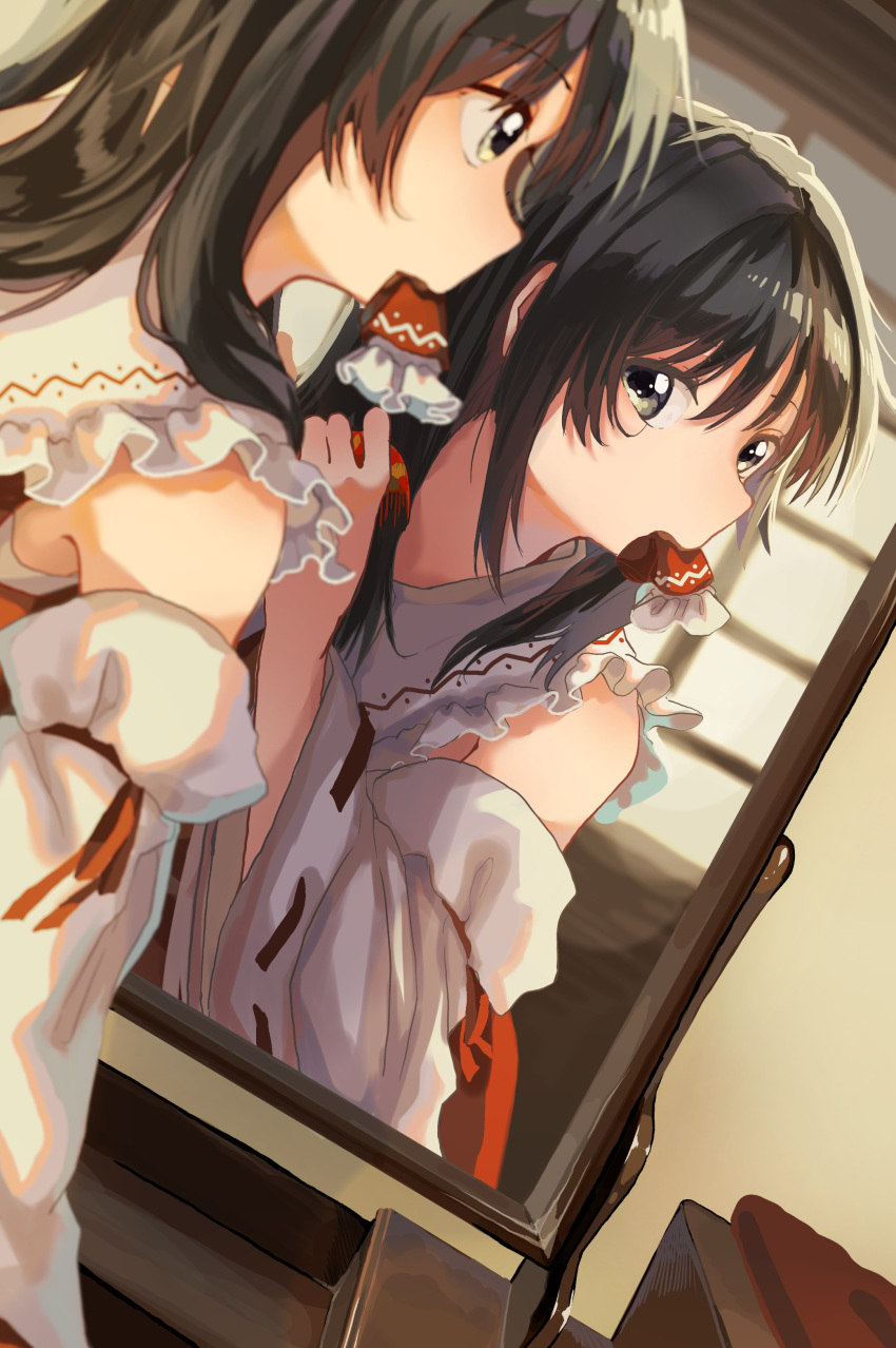 1girl absurdres bangs bare_shoulders black_eyes black_hair brushing_hair comb commentary_request detached_sleeves dutch_angle hair_tubes_removed hakurei_reimu highres long_hair looking_at_mirror matsukuzu mirror mouth_hold ribbon-trimmed_sleeves ribbon_trim shirt solo touhou upper_body white_shirt white_sleeves