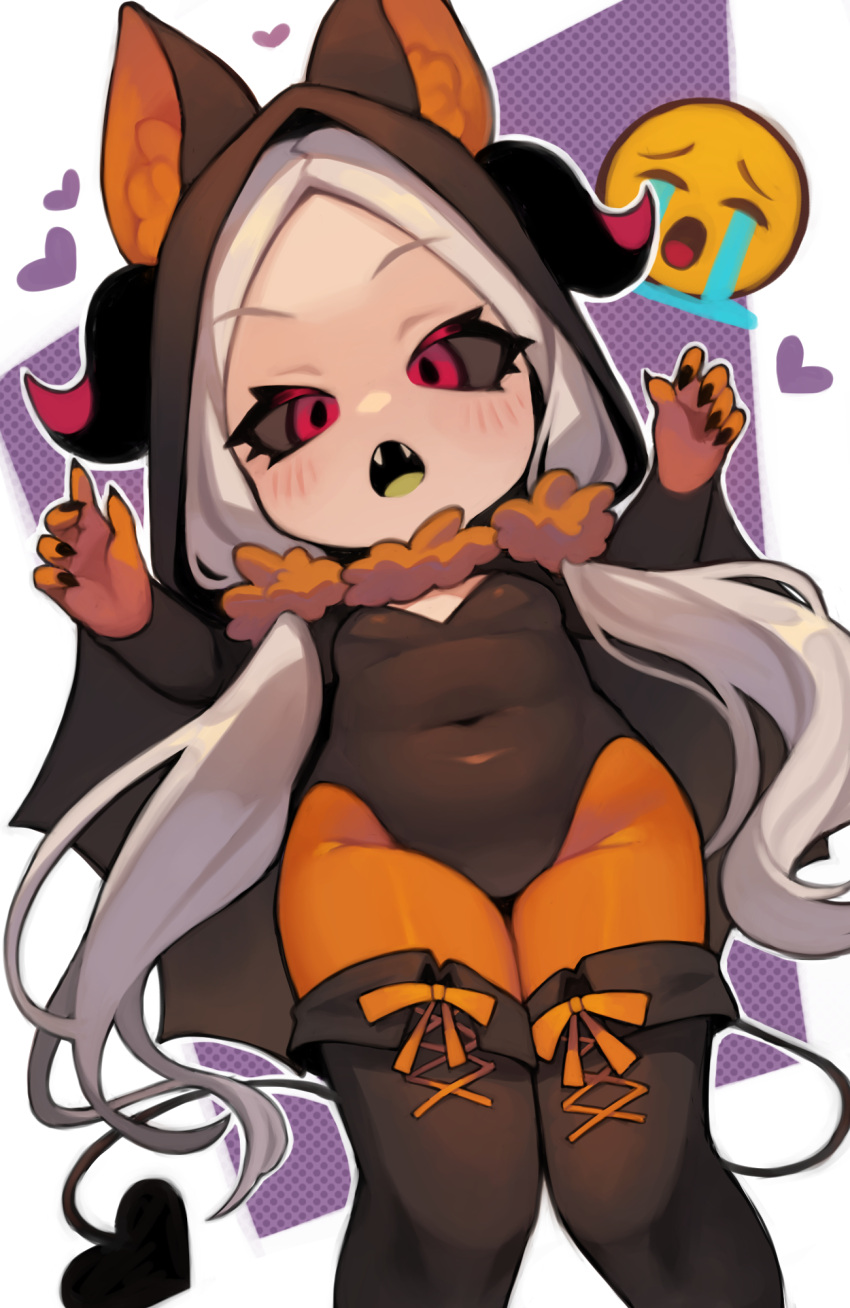 1girl animal_ears bat_ears black_sclera colored_sclera crying_emoji demon_tail emoji eyelashes fangs forehead halloween halloween_costume highres horns long_hair meme navel original petite red_eyes spade_(shape) tail thighhighs uohhhhhhhhh!_(meme) white_hair zombiemiso