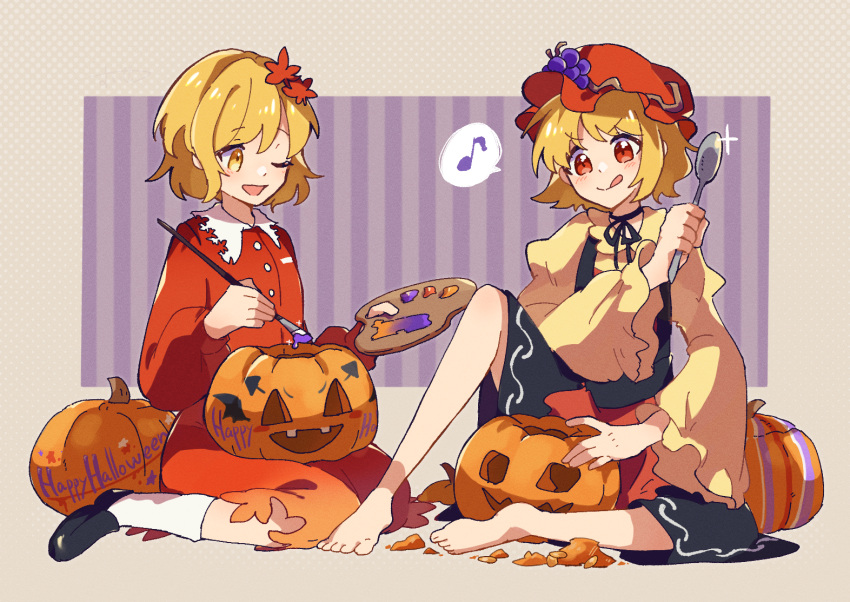 2girls aki_minoriko aki_shizuha apron black_apron blonde_hair blush closed_mouth dagasitotaiyou eighth_note food food-themed_hat_ornament fruit fruit_hat_ornament grape_hat_ornament grapes hair_between_eyes hair_ornament halloween hat hat_ornament holding holding_paintbrush holding_palette holding_spoon jack-o'-lantern leaf_hair_ornament long_sleeves mob_cap multiple_girls musical_note one_eye_closed open_mouth paintbrush palette_(object) pumpkin red_eyes red_headwear red_shirt red_skirt shirt short_hair siblings sisters skirt smile spoken_musical_note spoon tongue tongue_out touhou vegetable wide_sleeves yellow_eyes yellow_shirt