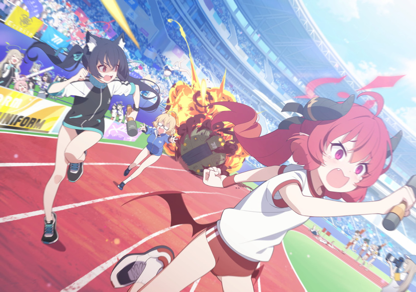6+girls animal_ears blue_archive cat_ears explosion explosive glasses grenade halo highres hoshino_(blue_archive) junko_(blue_archive) kotori_(blue_archive) long_hair multiple_girls nonomi_(blue_archive) official_art open_mouth red_eyes red_hair running serika_(blue_archive) shiroko_(blue_archive) sky tears track_and_field twintails