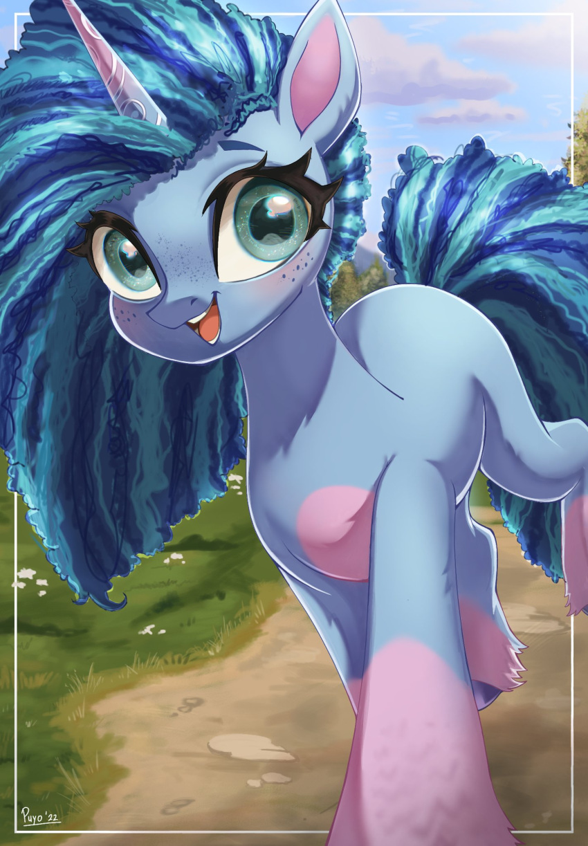 blue_body blue_eyes blue_fur blue_hair cornrows curled_hair equid equine female freckles fur hair hasbro hi_res hooves horn mammal misty_(g5) mlp_g5 my_little_pony open_mouth open_smile pink_body pink_fur puyohh smile solo unicorn