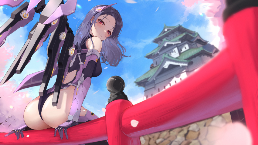1girl absurdres architecture ass bare_shoulders black_hair black_leotard blue_sky breasts character_request cherry_blossoms closed_mouth day east_asian_architecture elbow_gloves gloves goddess_of_victory:_nikke hair_ornament highres leotard long_hair looking_at_viewer looking_back mechanical_wings medium_breasts on_railing outdoors petals pomp_(qhtjd0120) purple_gloves red_eyes sitting sky smile solo wings