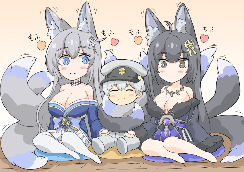 absurdres azur_lane black_hair blue_eyes breasts brown_eyes commander_(azur_lane) fox_girl grey_hair hat highres huge_breasts kitsune large_breasts maru_(92503) multiple_girls multiple_tails musashi_(azur_lane) ribbon shinano_(azur_lane) sitting tail white_hair